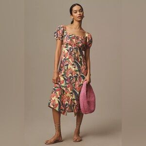 Farm Rio x Anthropologie Puff-Sleeve Sweetheart Linen Midi Dress